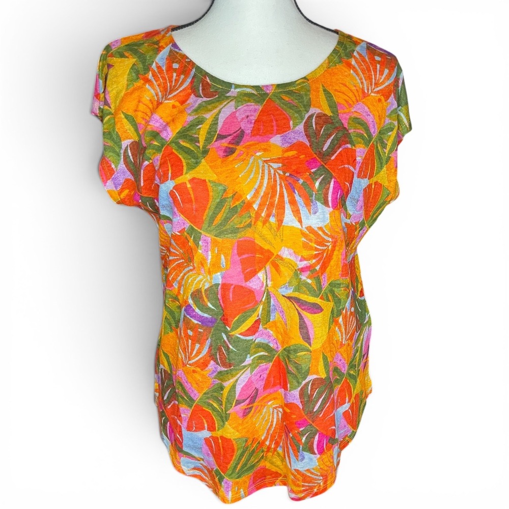C&C California Orange Tropical Linen Top Womens Medium Short Sleeve Floral Boho